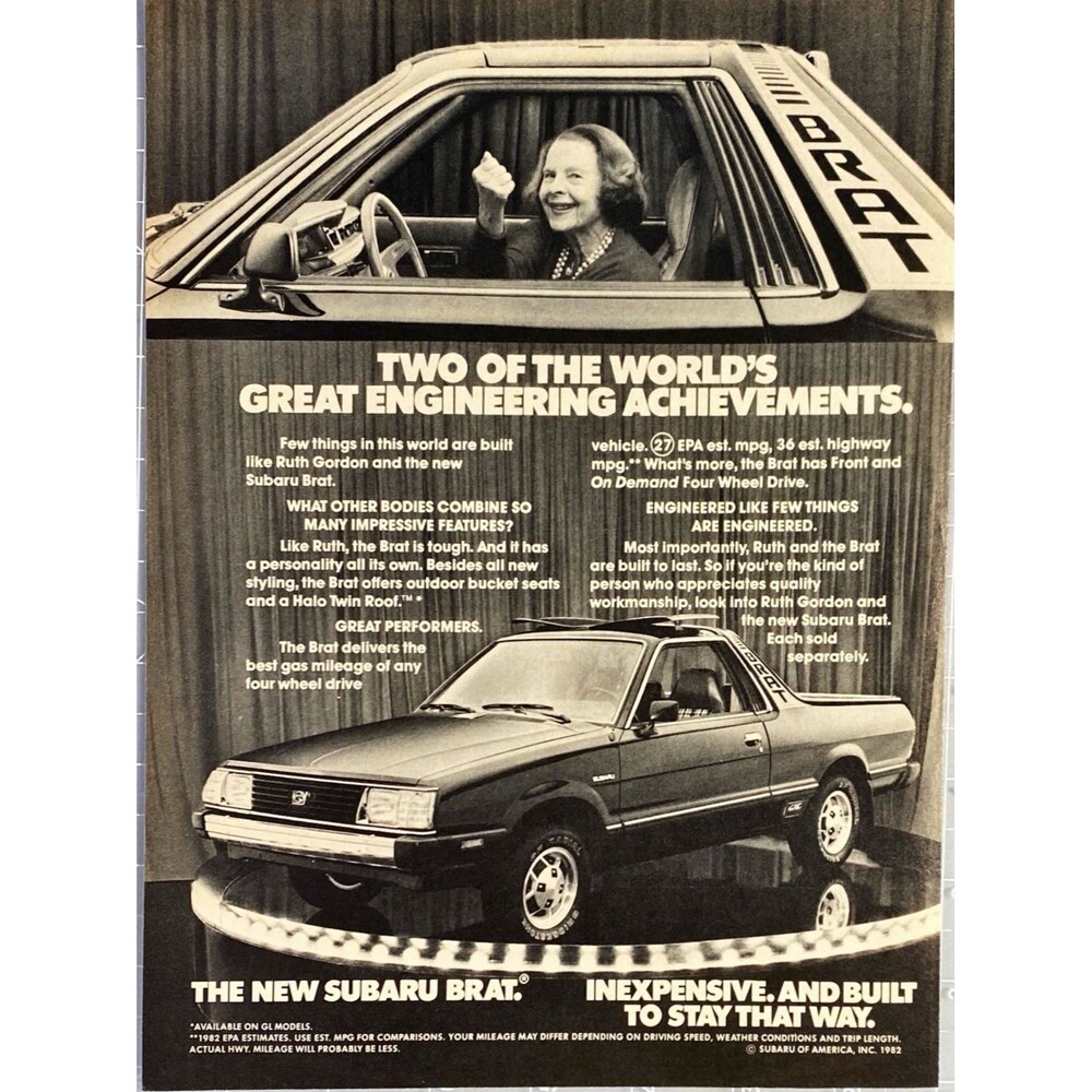 Subaru Brat "Ruth Gordon and the Brat are Tough" Vintage Print Ad 1982